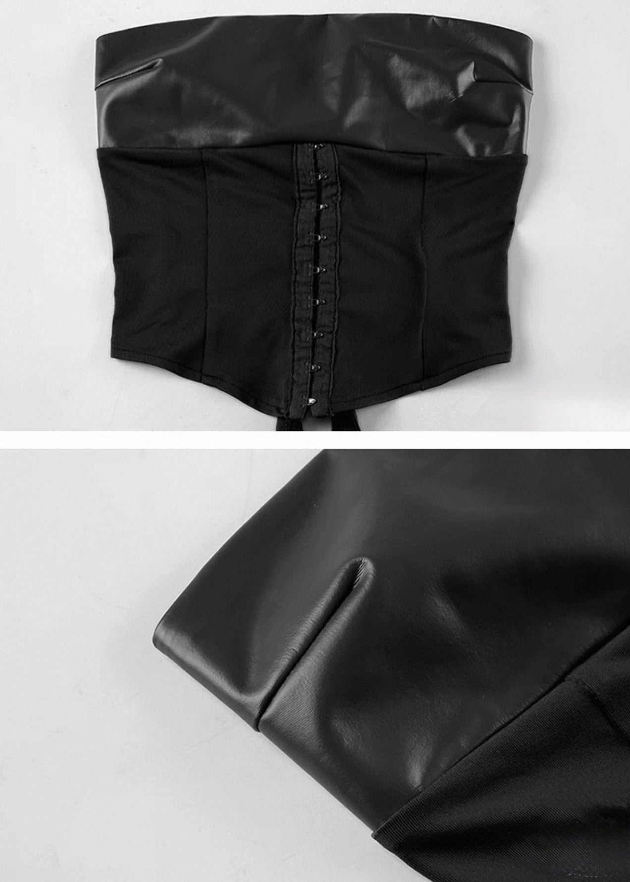 PUレザーパッチワークトップ+ドレープデザインミニスカート / VO1128