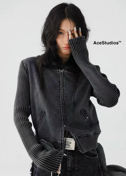 American retro short knit hoodie jacket / AS1139
