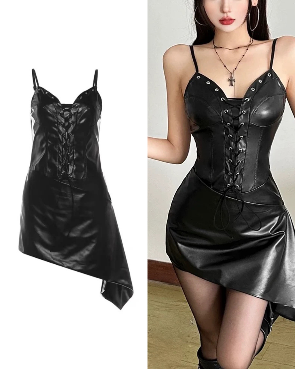 PUレザーサスペンダーミニワンピース/ VO1315