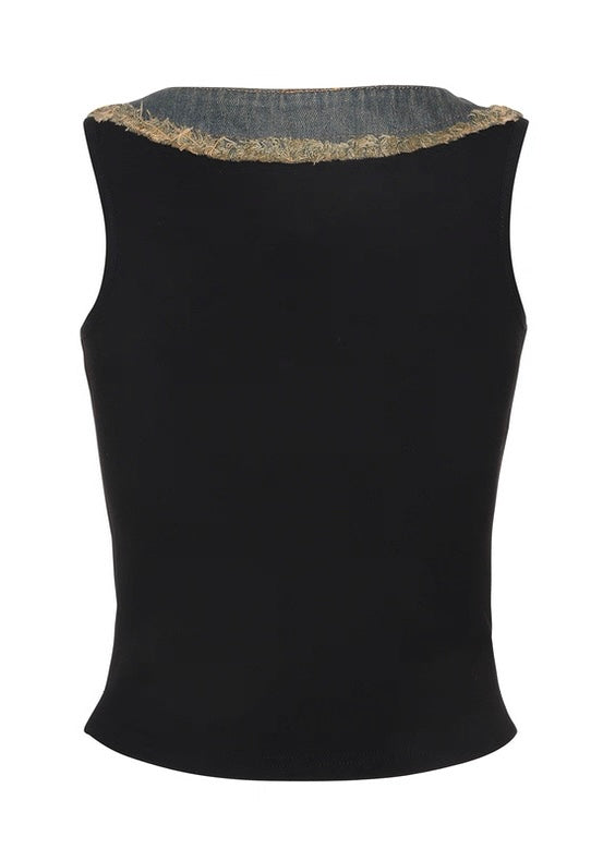 デニムパッチワークデザインプリントベスト / VO1130