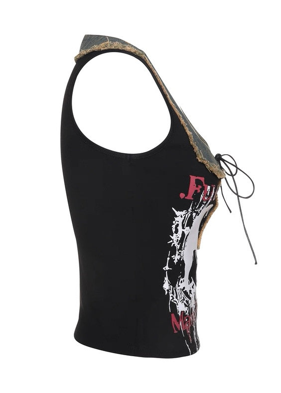 デニムパッチワークデザインプリントベスト / VO1130