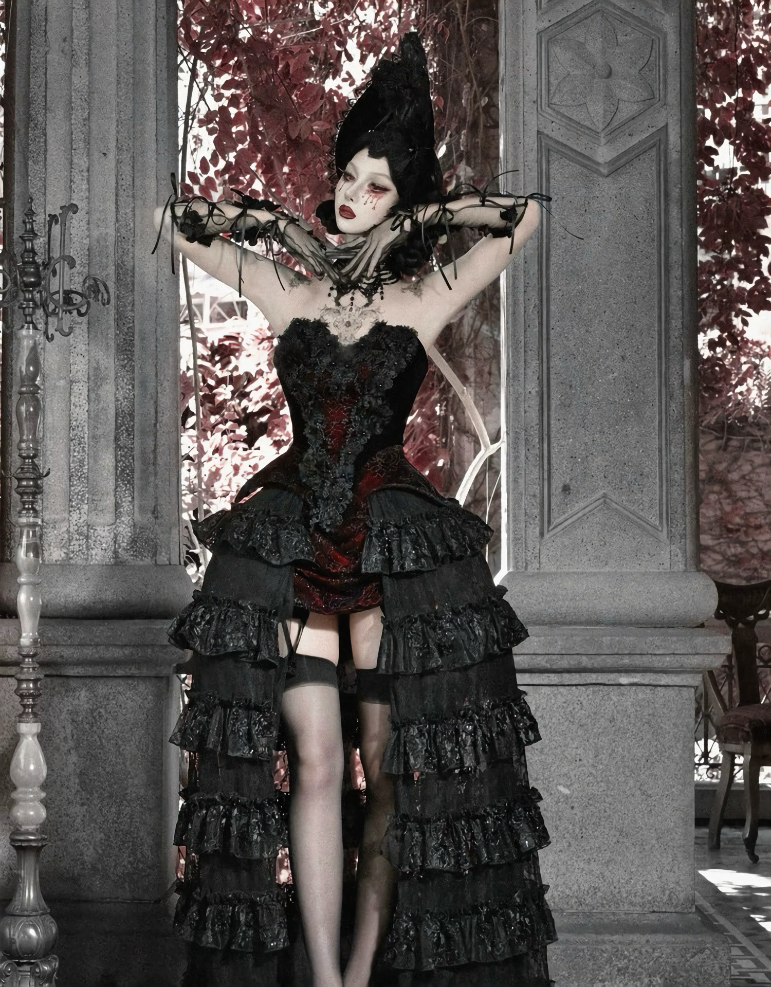 Crimson Gothic Velvet Corset Bustier & Gloves / CT01