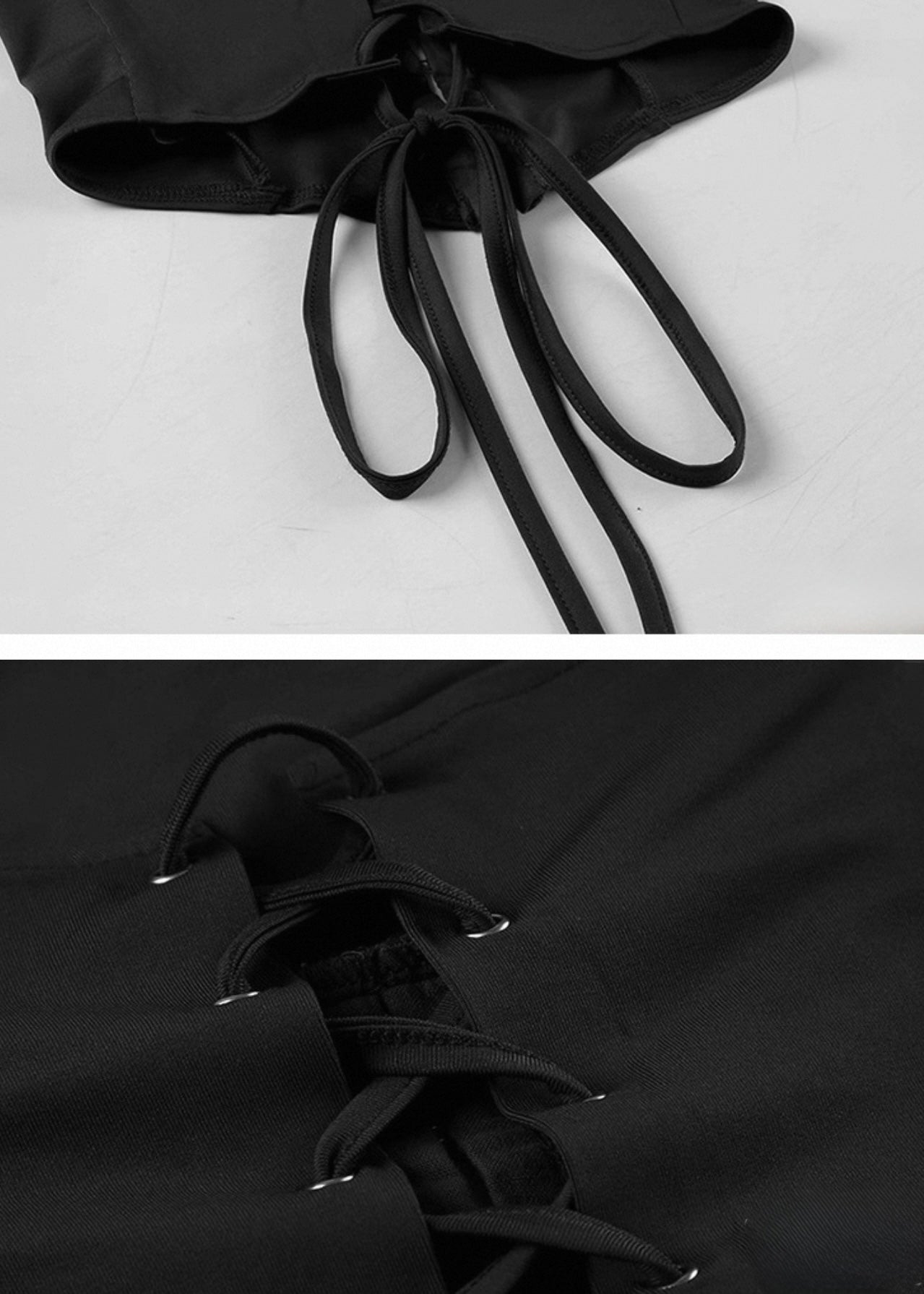 PUレザーパッチワークトップ+ドレープデザインミニスカート / VO1128