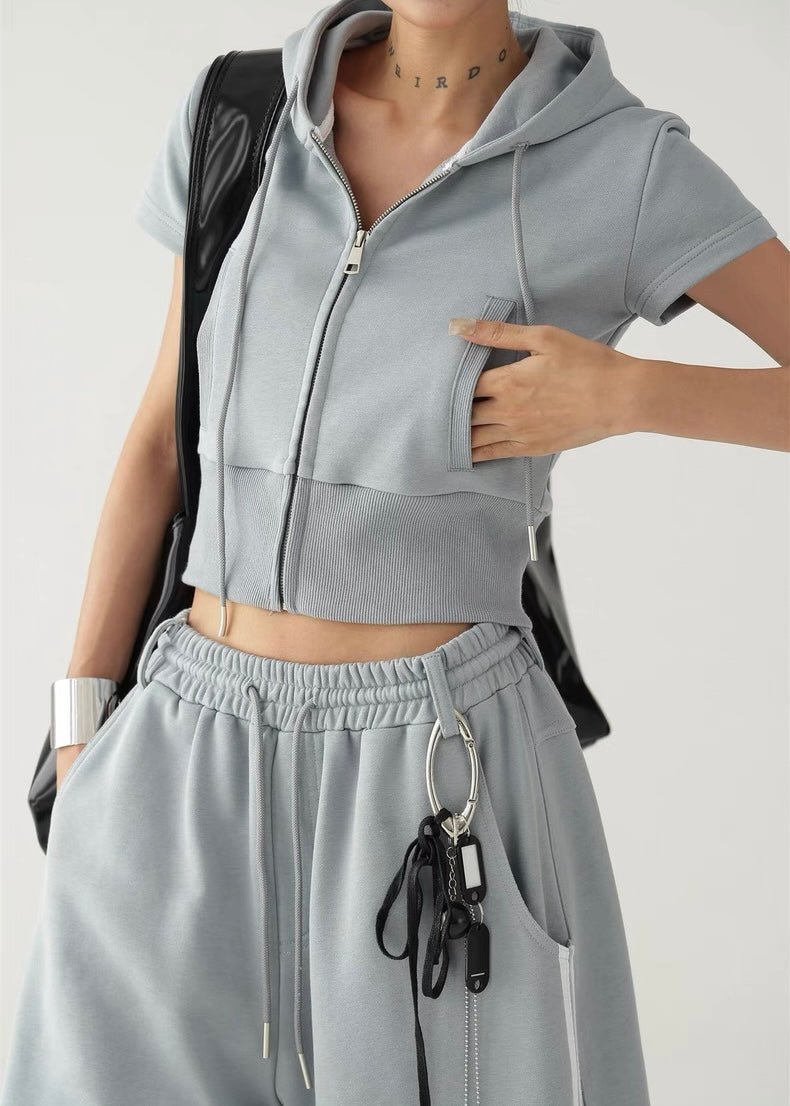 Hooded slim fit cropped top ＆ wide leg cropped pants / AS1295