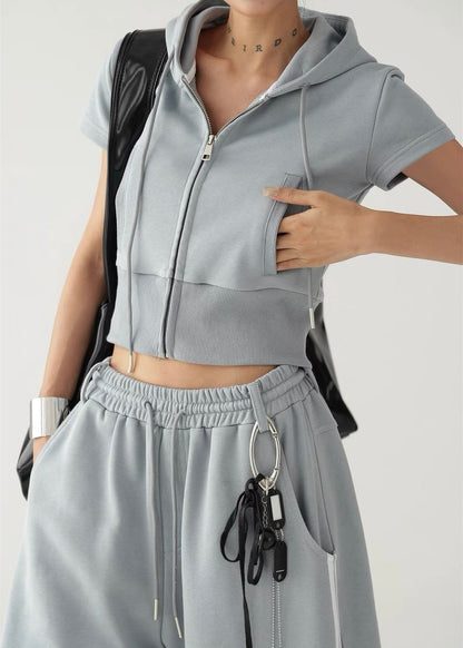 Hooded slim fit cropped top ＆ wide leg cropped pants / AS1295