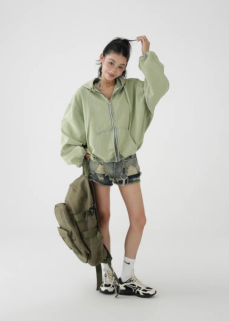 Green loose denim hoodie / AS1266