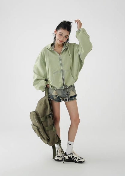Green loose denim hoodie / AS1266
