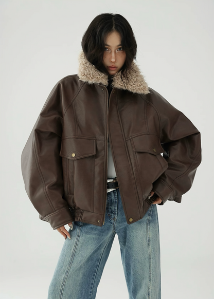 fur collar leather biker jacket / AS1150 