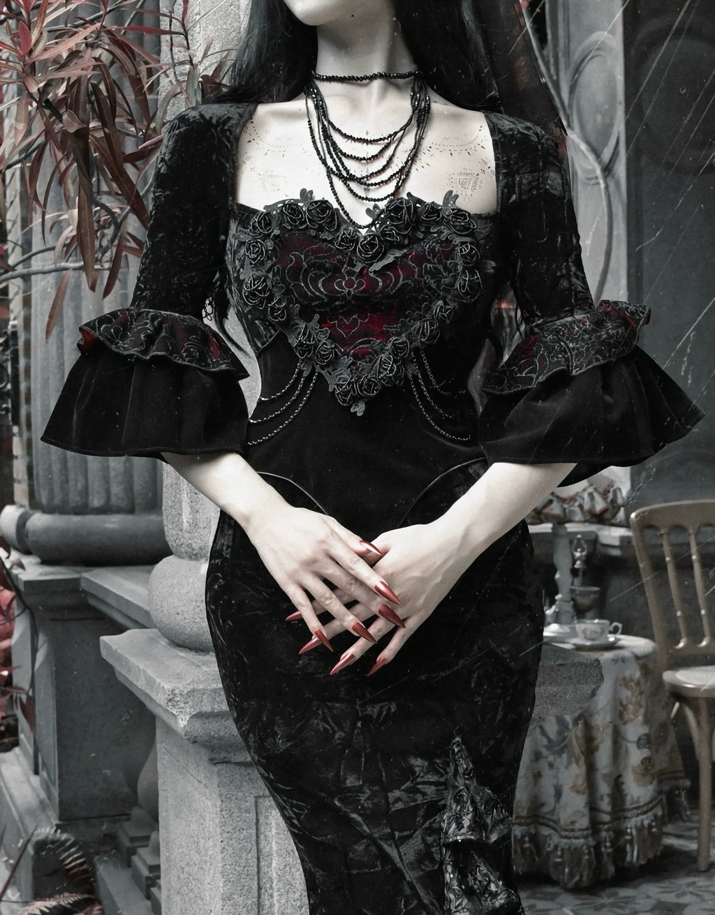 Red Goth Velvet Bandeau Mermaid Dress / CT06