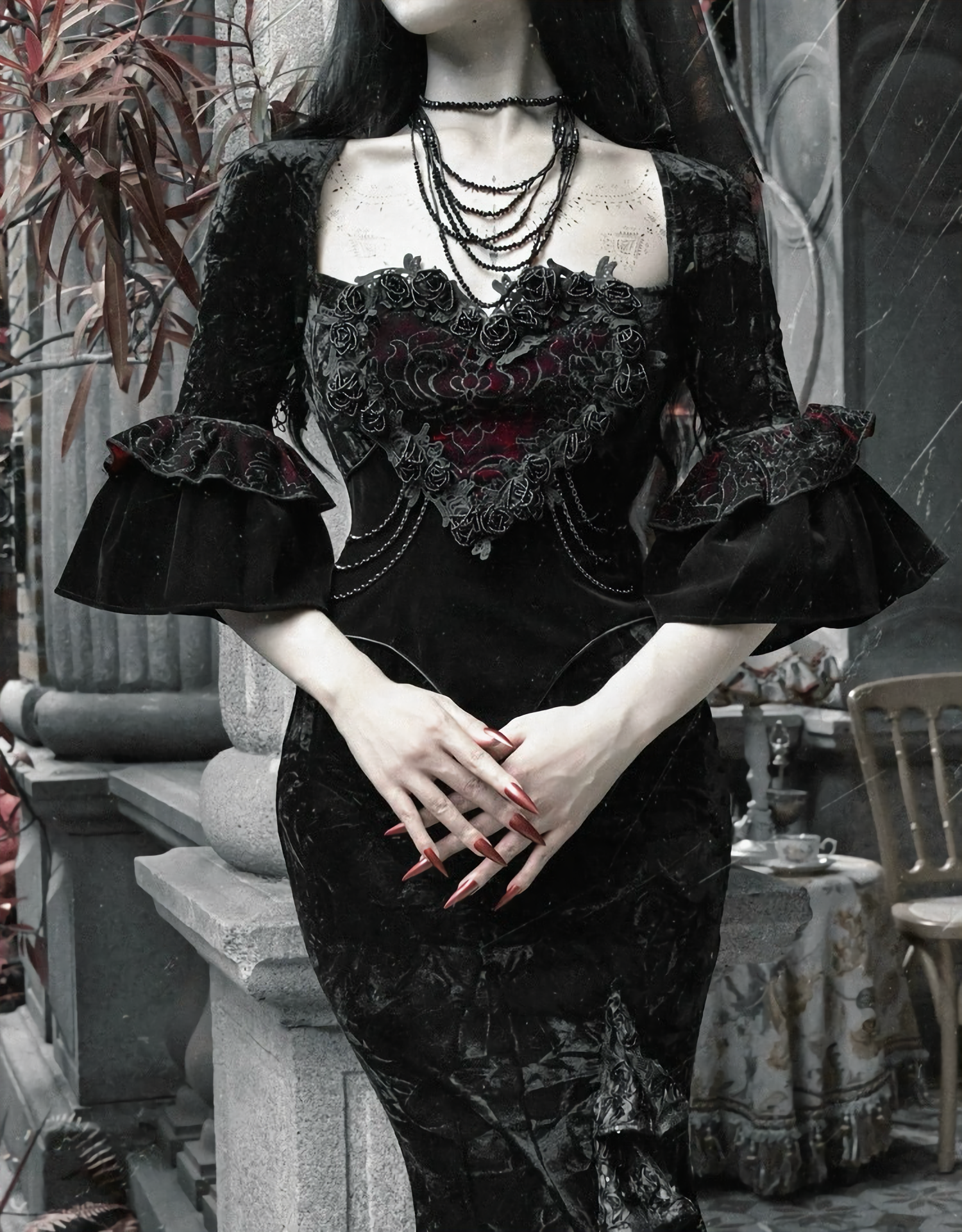 Red Goth Velvet Bandeau Mermaid Dress / CT06