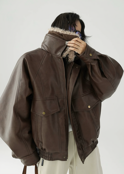 fur collar leather biker jacket / AS1150 