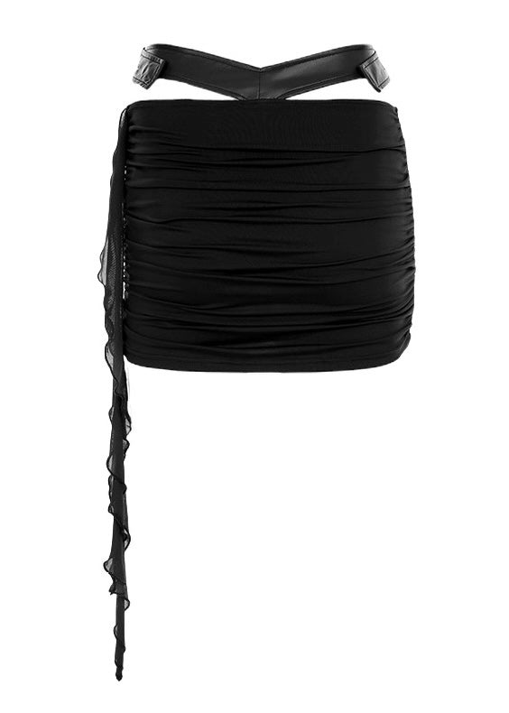 PUレザーパッチワークトップ+ドレープデザインミニスカート / VO1128