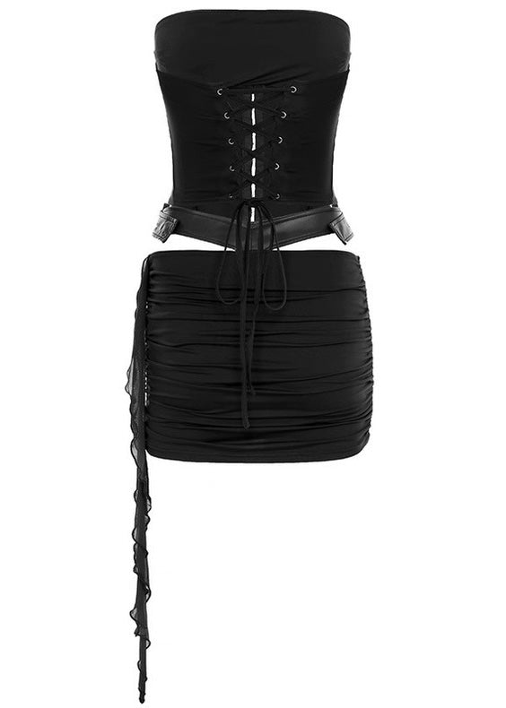 PUレザーパッチワークトップ+ドレープデザインミニスカート / VO1128