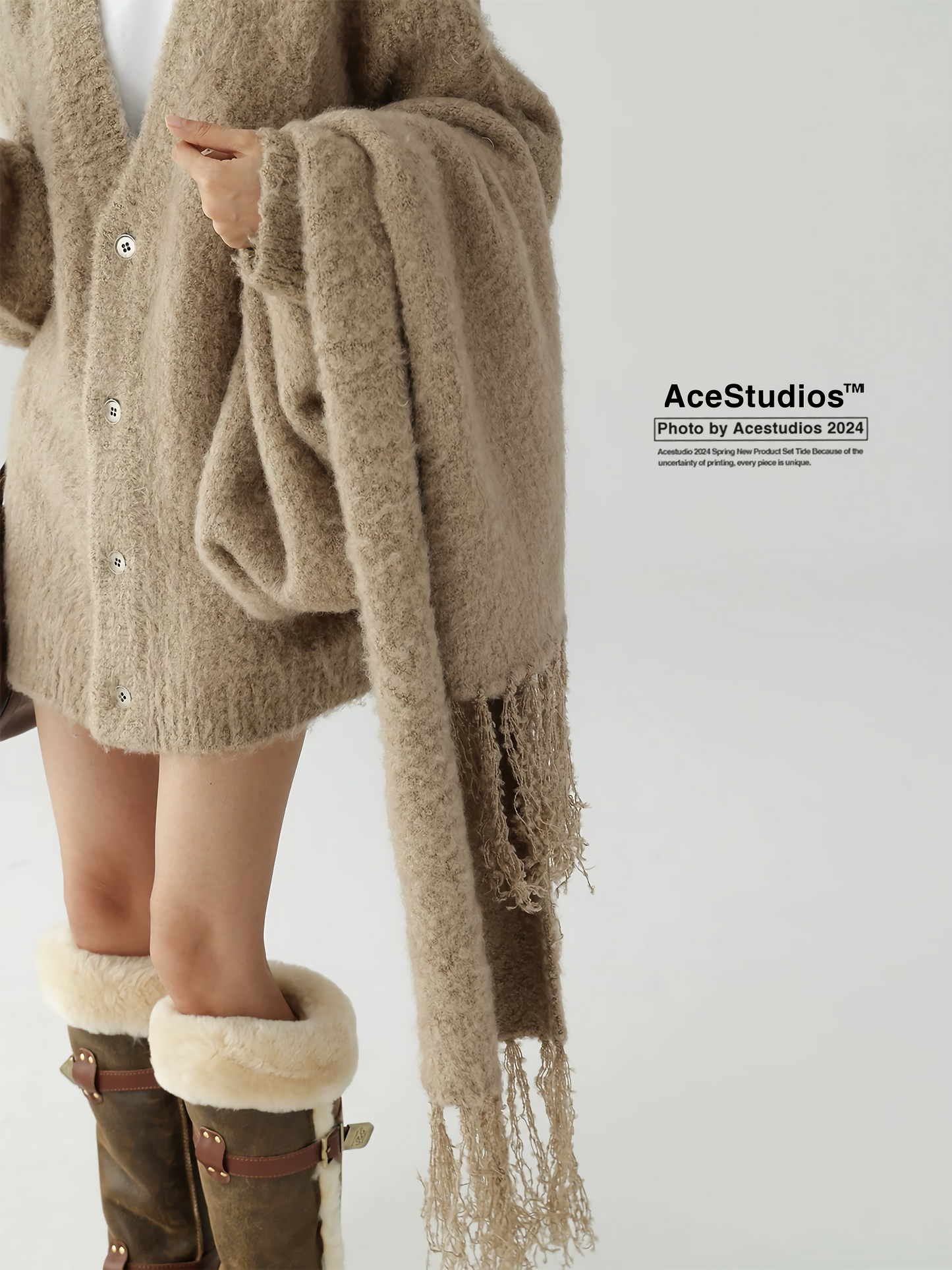 V neck knit cardigan + tassel scarf / AS1119 