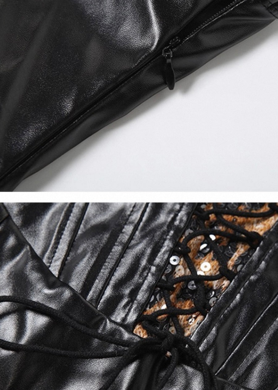 PUレザーレオパードレースアップドレス / VO1218