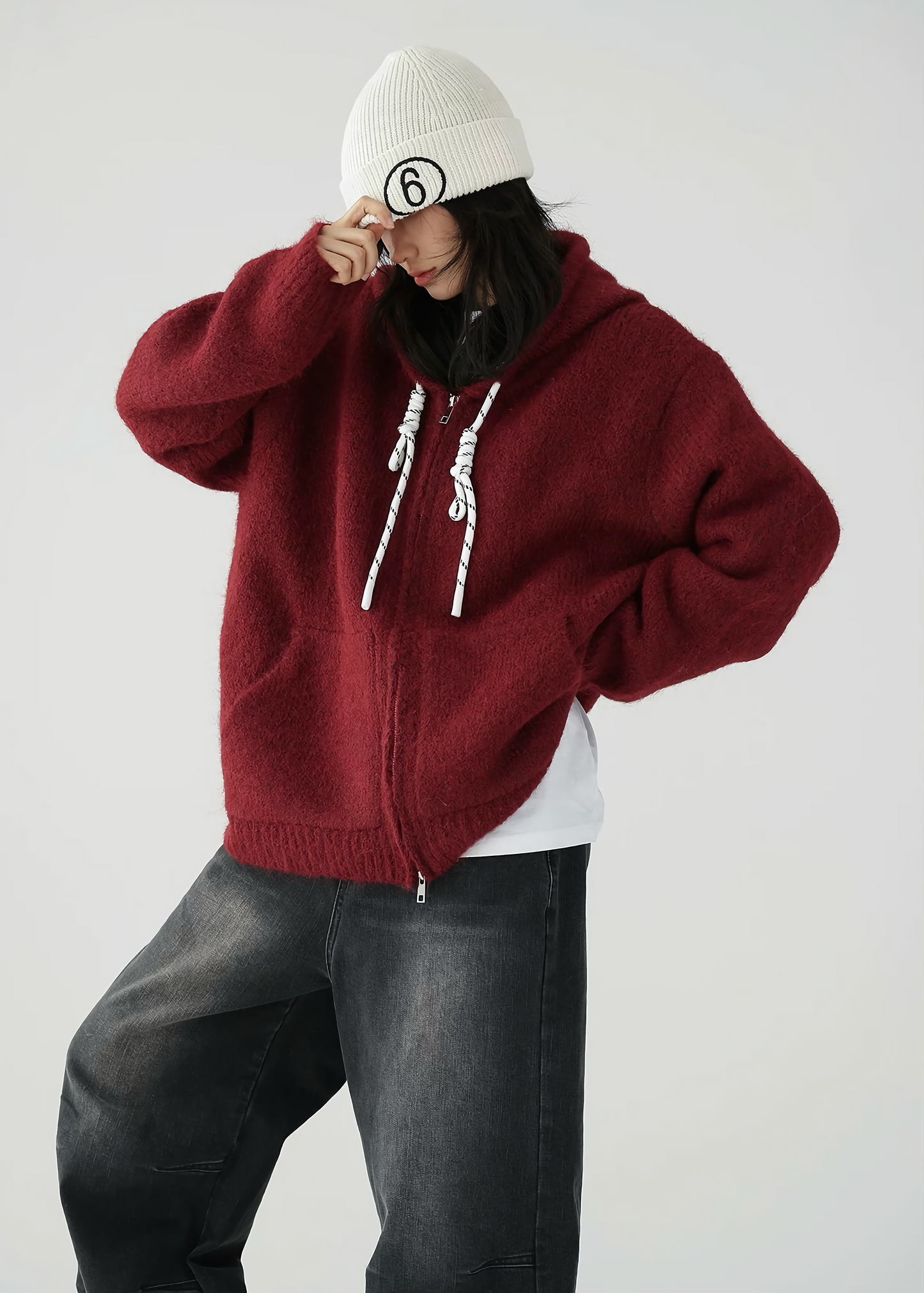drawstring zipper knit sweater / AS1128