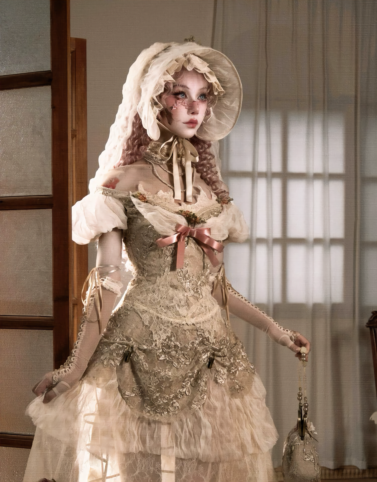 Elegant One-Shoulder Puff Sleeve Mesh Top & Arm Covers / DR01