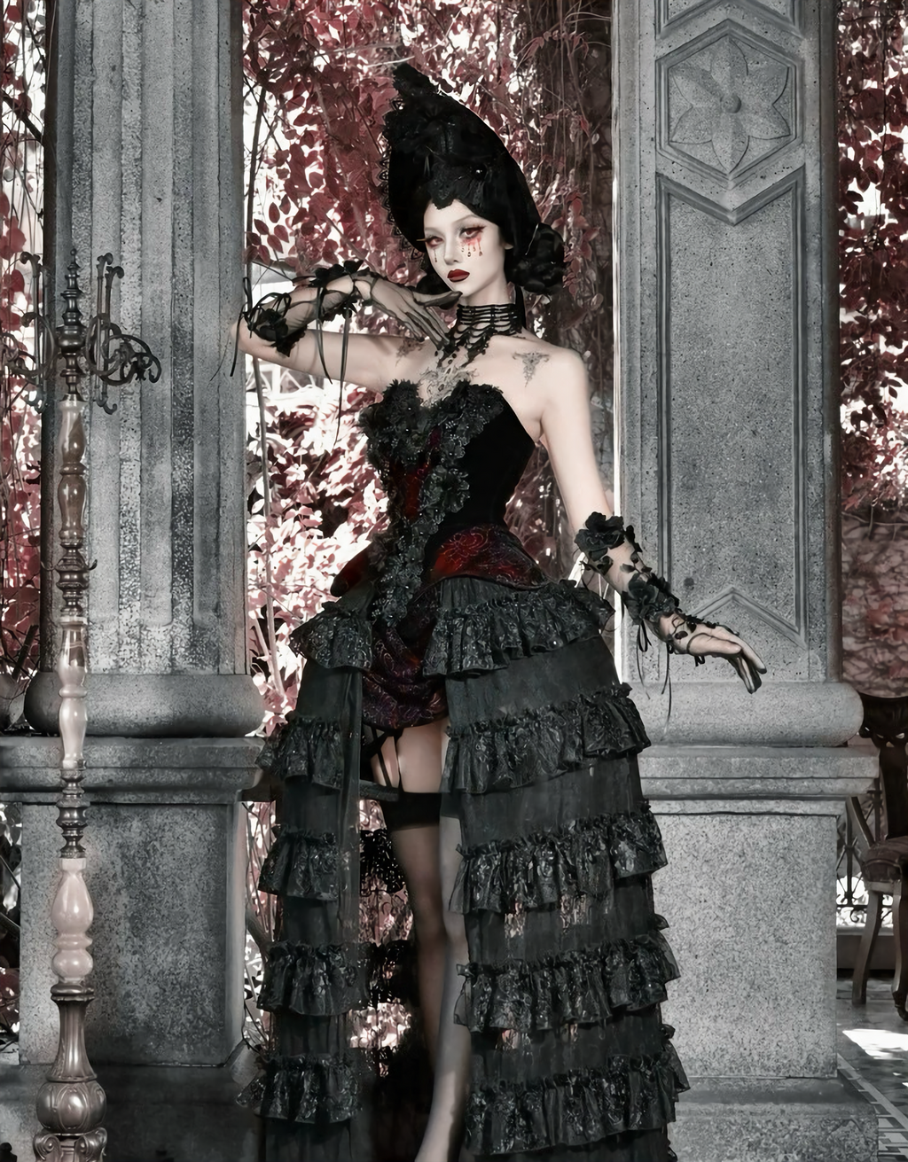 Crimson Gothic Velvet Corset Bustier & Gloves / CT01