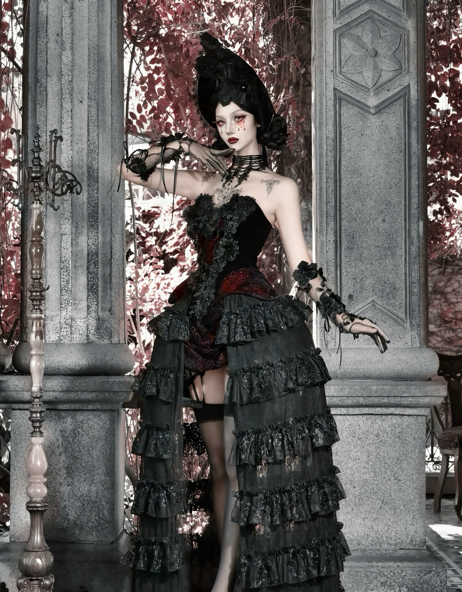 Crimson Gothic Velvet Corset Bustier & Gloves / CT01