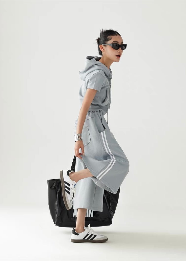 Hooded slim fit cropped top ＆ wide leg cropped pants / AS1295