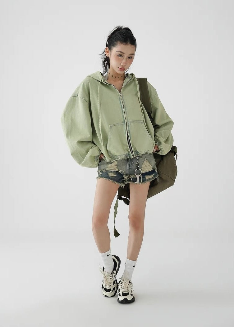 Green loose denim hoodie / AS1266