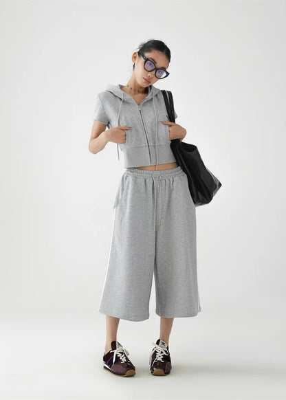 Hooded slim fit cropped top ＆ wide leg cropped pants / AS1295