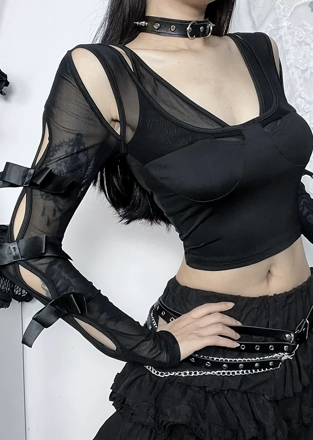 ダークメッシュオフショルダートップ / VO1152