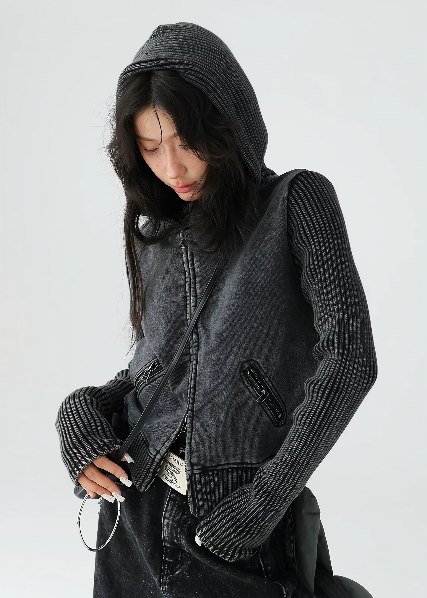American retro short knit hoodie jacket / AS1139