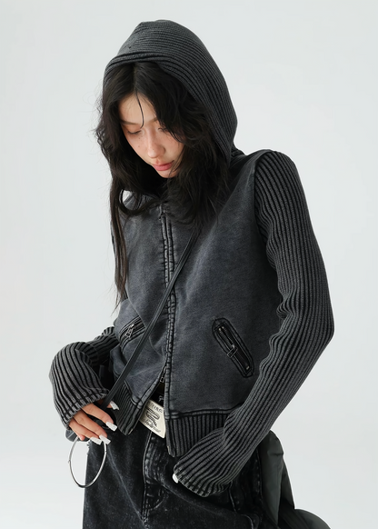 American retro short knit hoodie jacket / AS1139