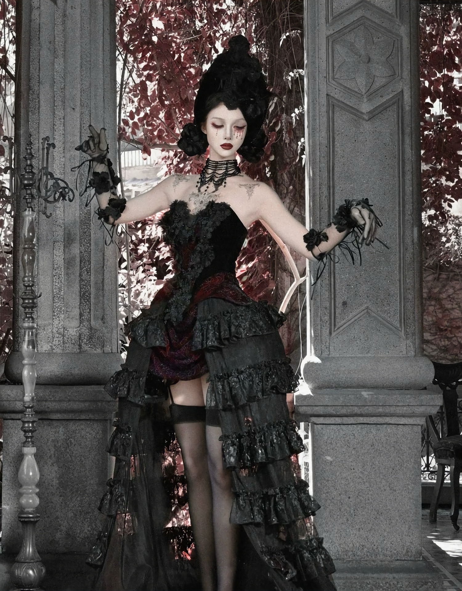 Crimson Gothic Velvet Corset Bustier & Gloves / CT01