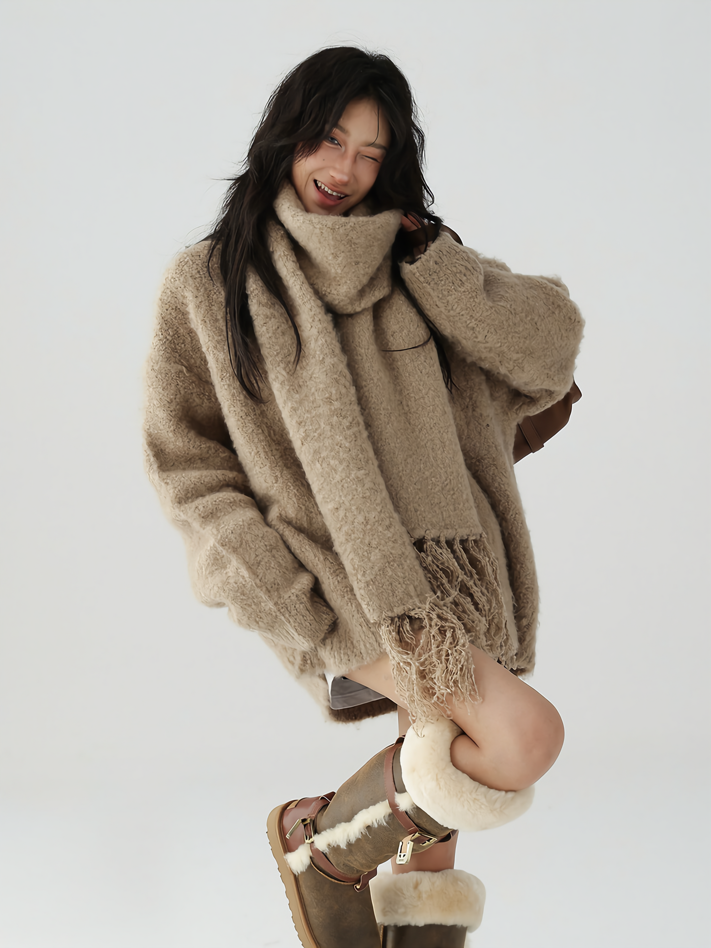 V neck knit cardigan + tassel scarf / AS1119 
