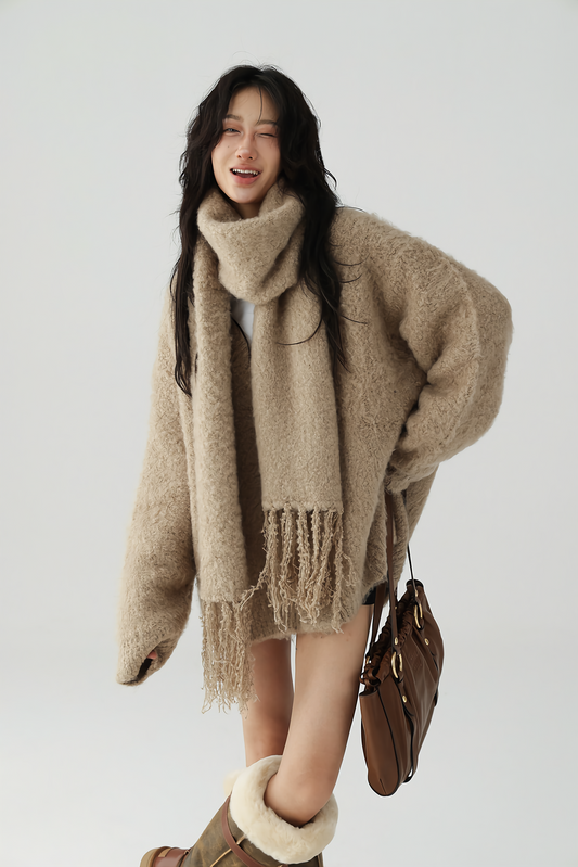 V neck knit cardigan + tassel scarf / AS1119 