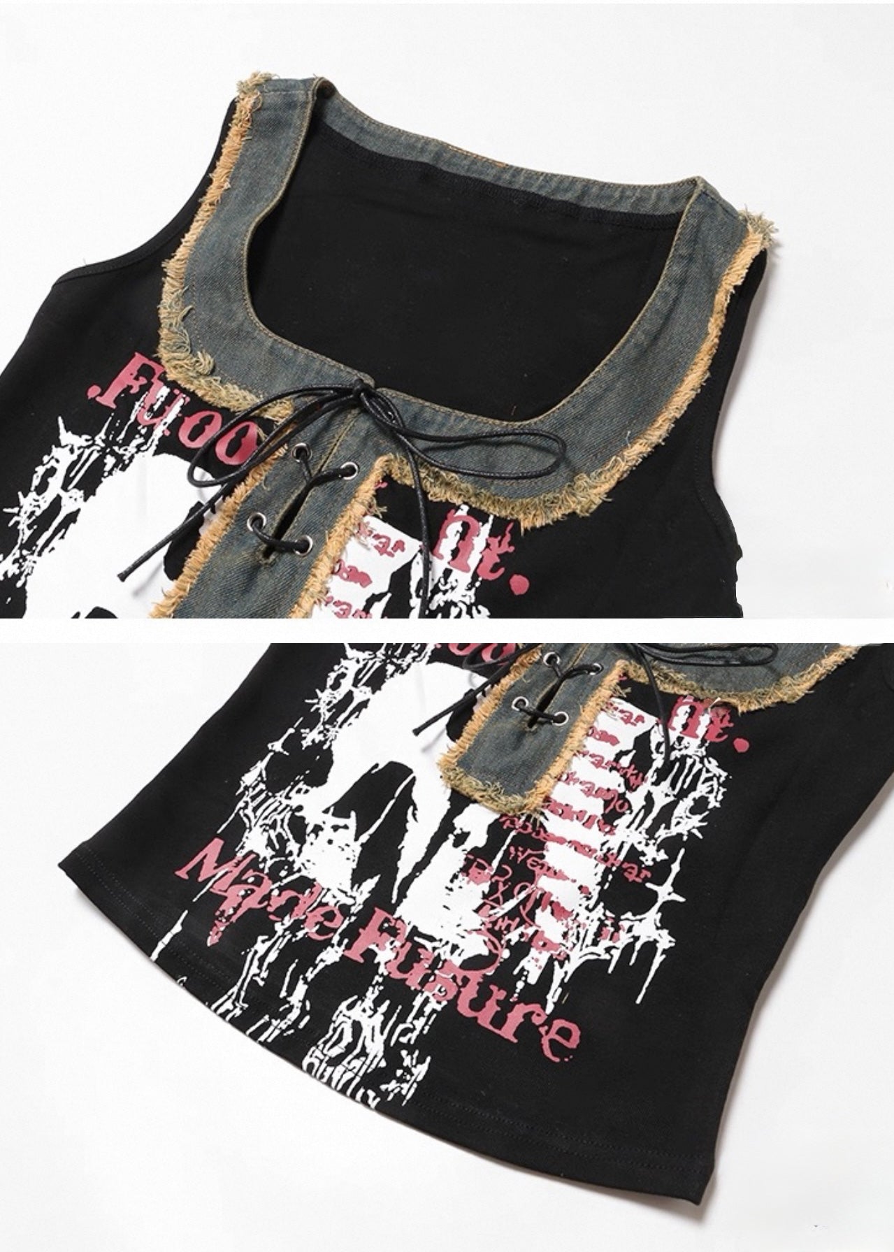 デニムパッチワークデザインプリントベスト / VO1130