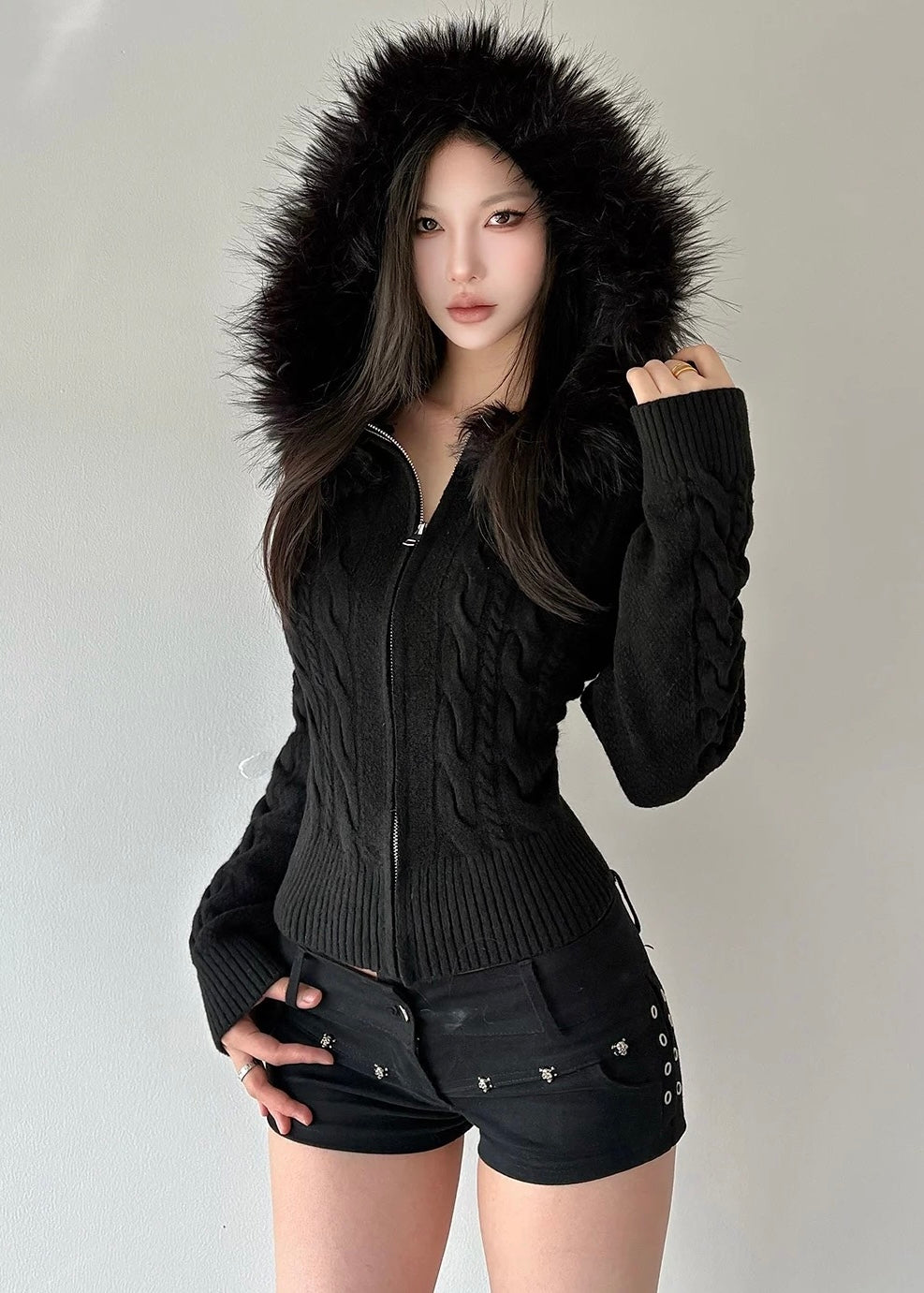 フード付きツイストニットカーディガンパーカー / VO1299