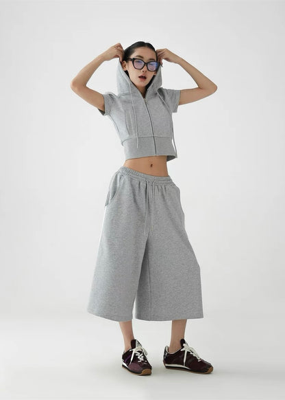 Hooded slim fit cropped top ＆ wide leg cropped pants / AS1295