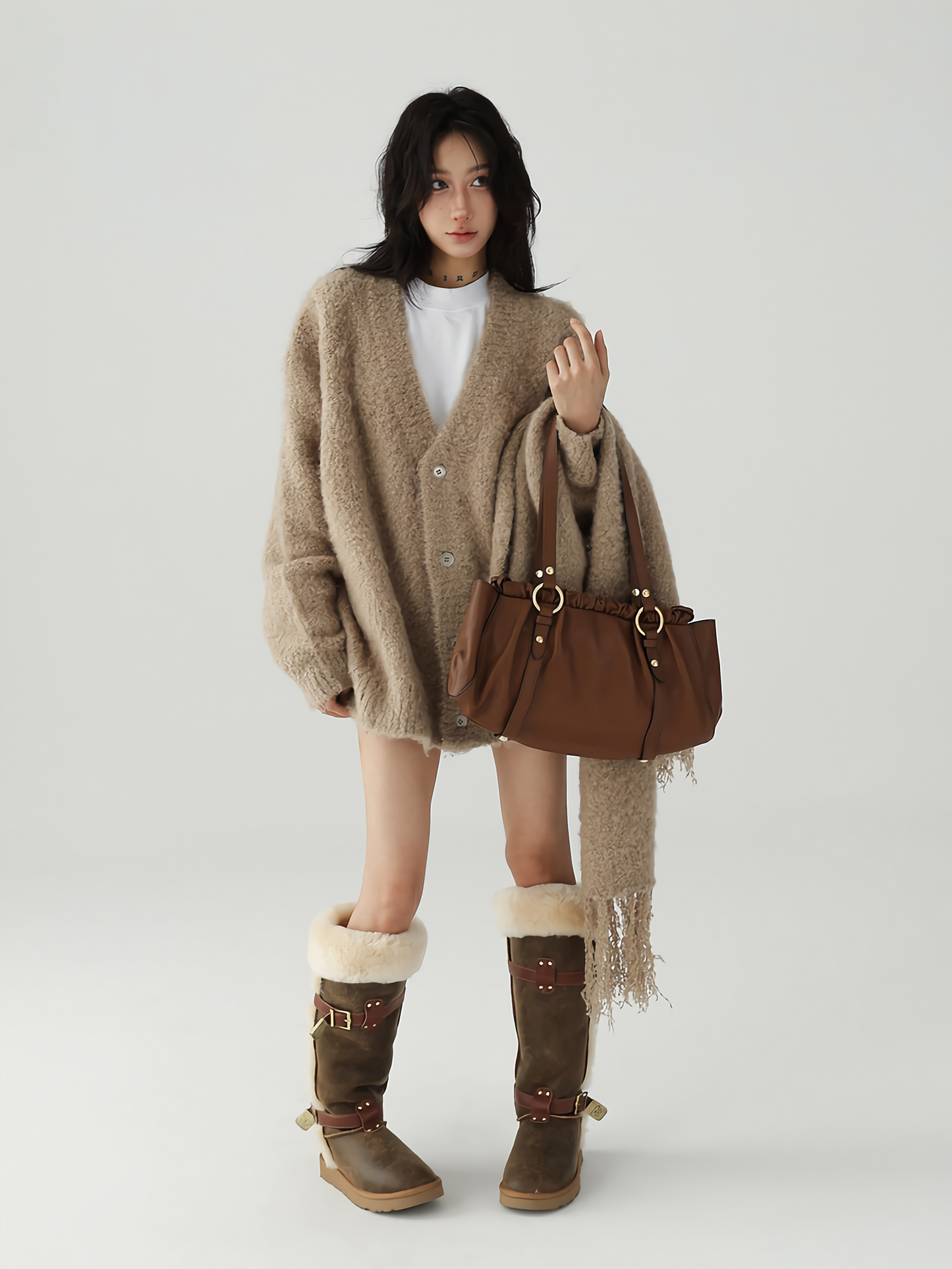 V neck knit cardigan + tassel scarf / AS1119 