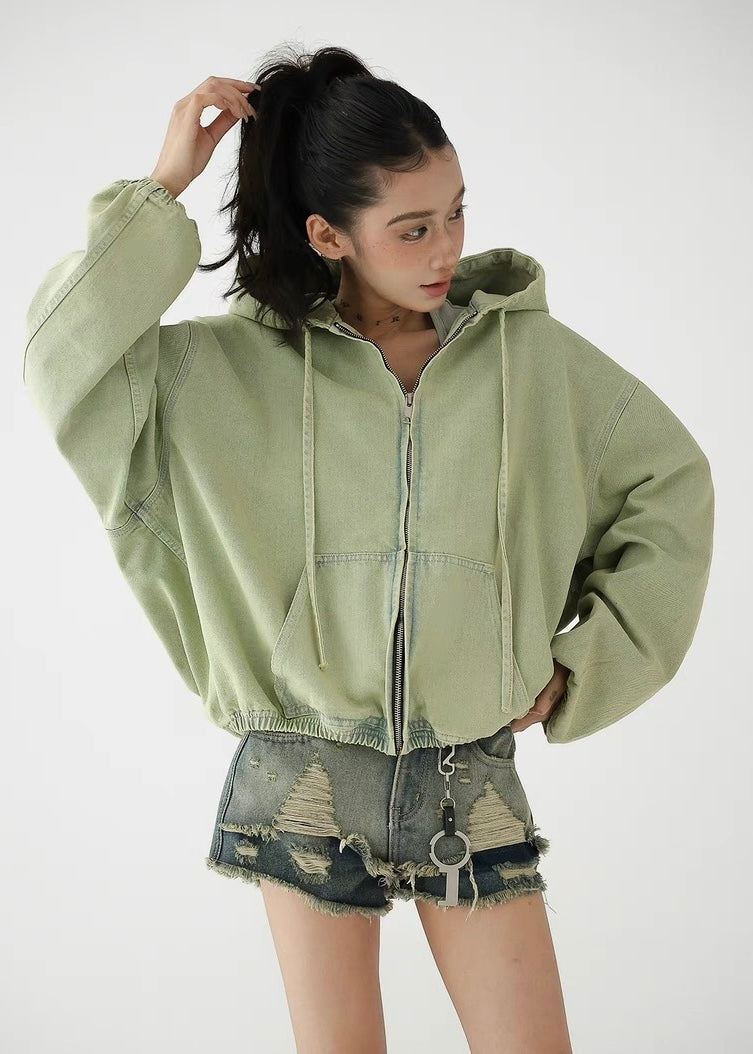 Green loose denim hoodie / AS1266