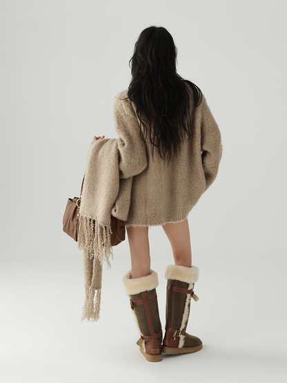 V neck knit cardigan + tassel scarf / AS1119 