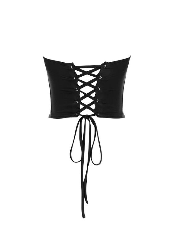 PUレザーパッチワークトップ+ドレープデザインミニスカート / VO1128