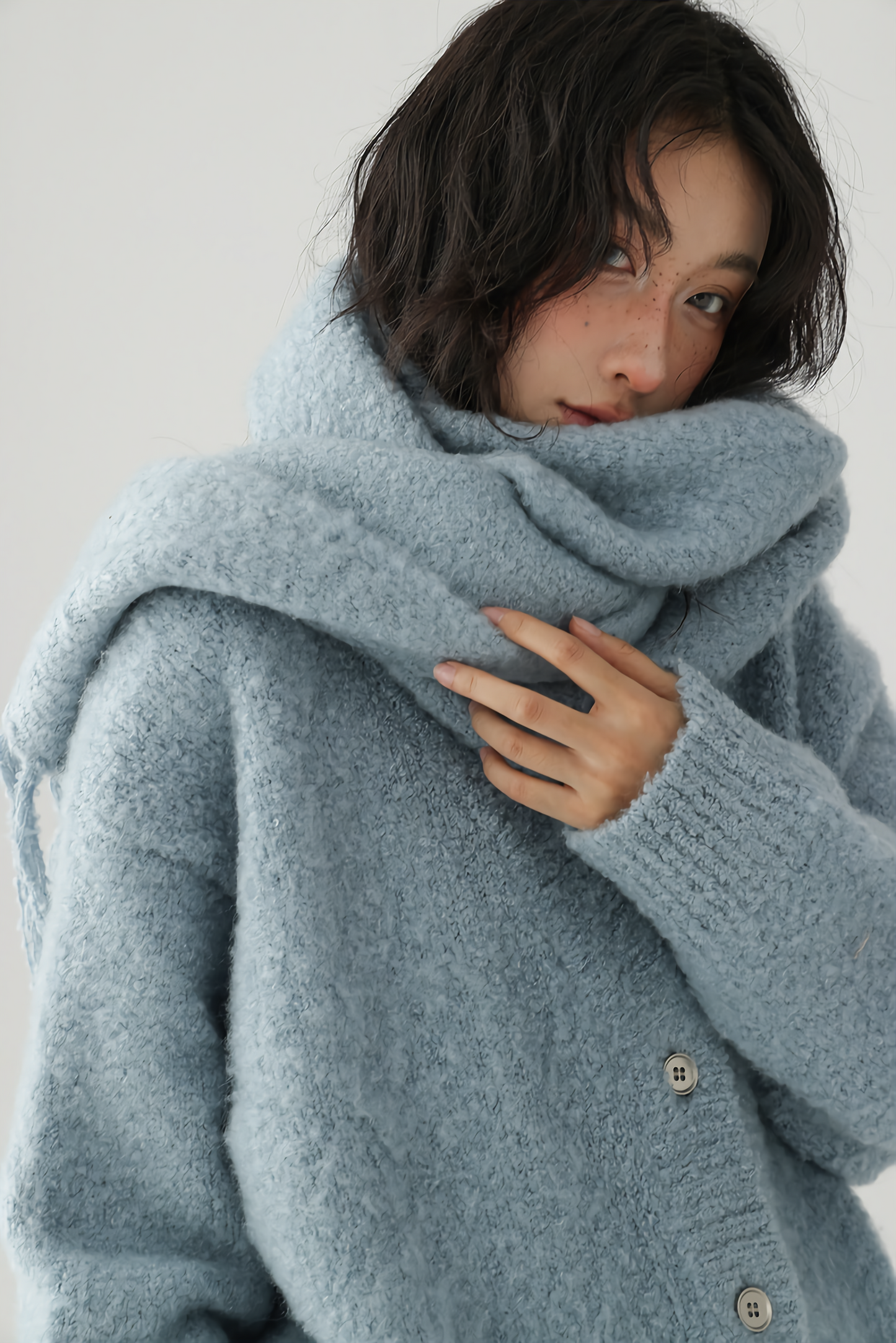 V neck knit cardigan + tassel scarf / AS1119 