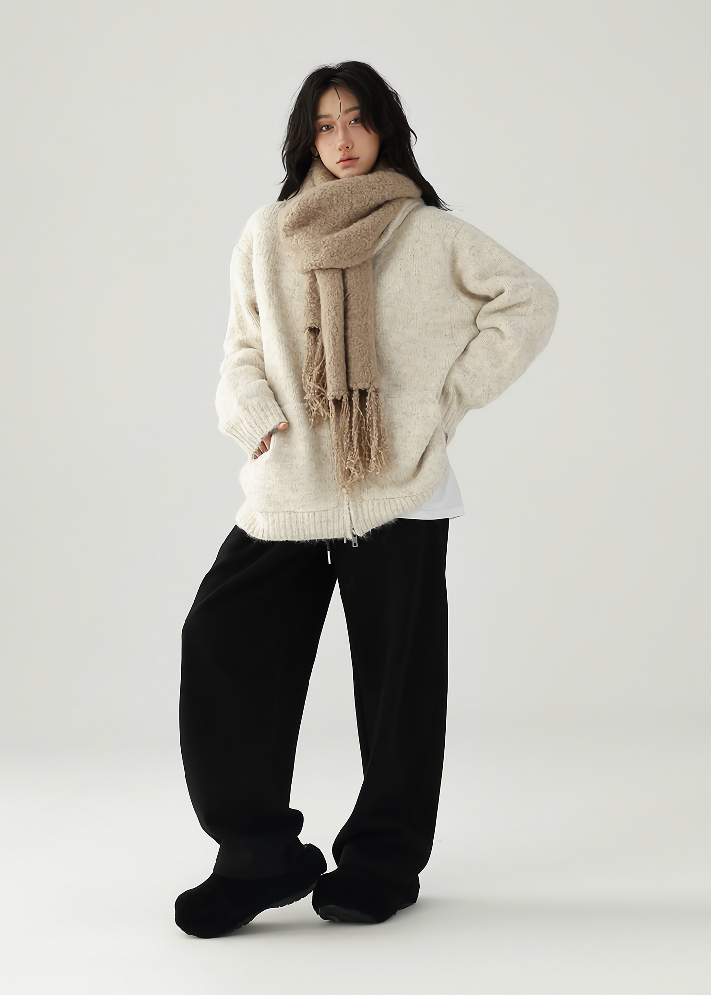 drawstring zipper knit sweater / AS1128