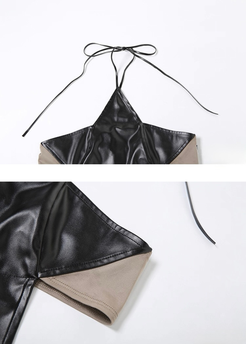 PUレザーホルターネックデザインスリムフィットショートベスト  / VO1108