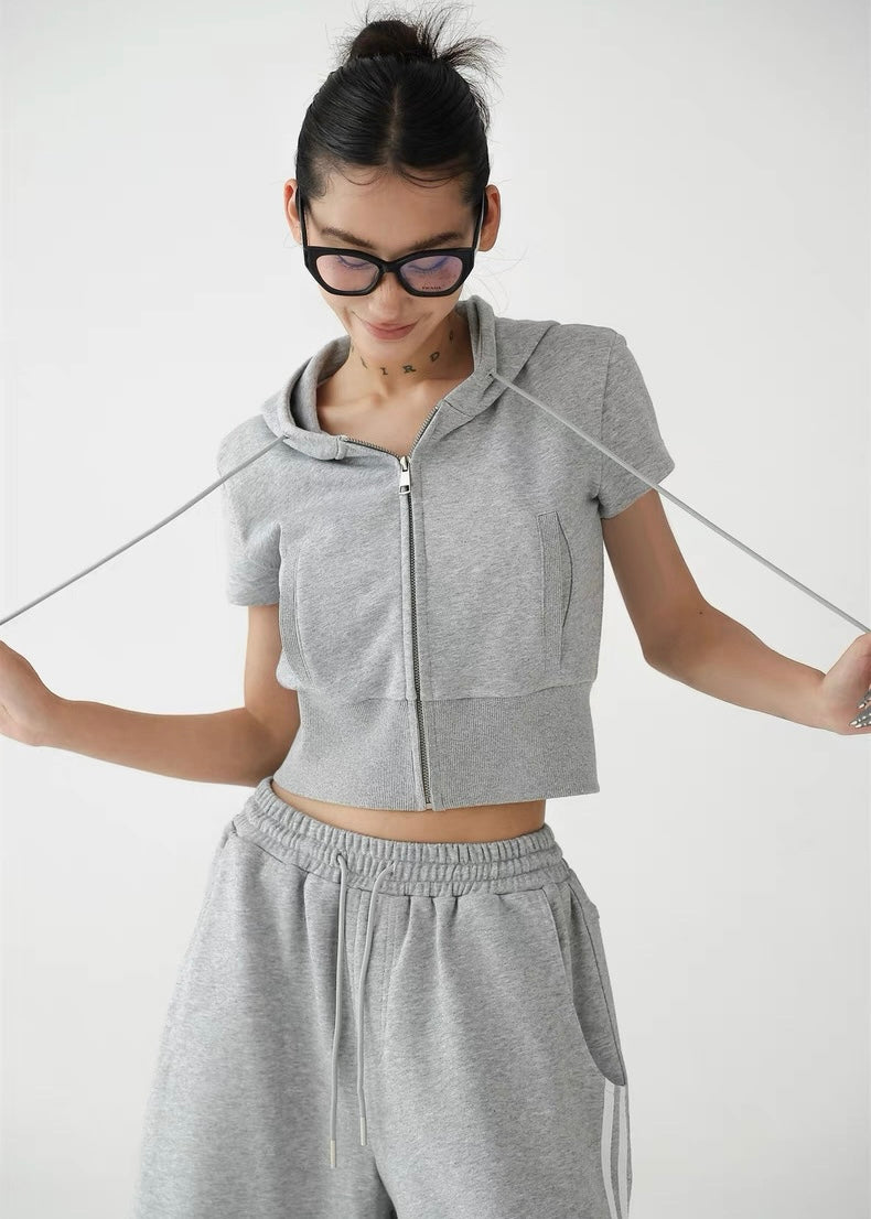 Hooded slim fit cropped top ＆ wide leg cropped pants / AS1295