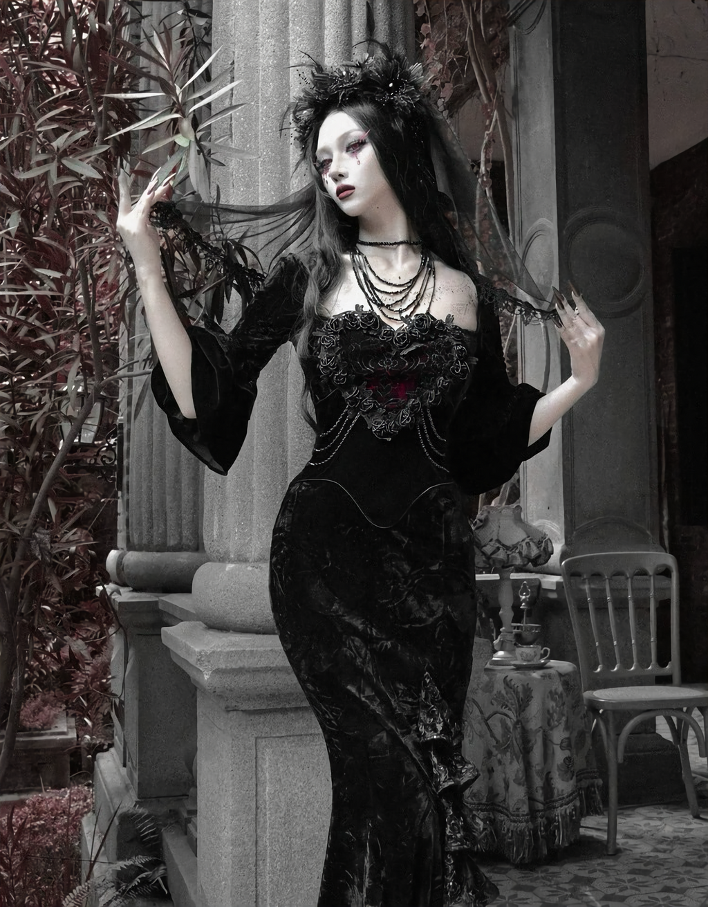 Red Goth Velvet Bandeau Mermaid Dress / CT06