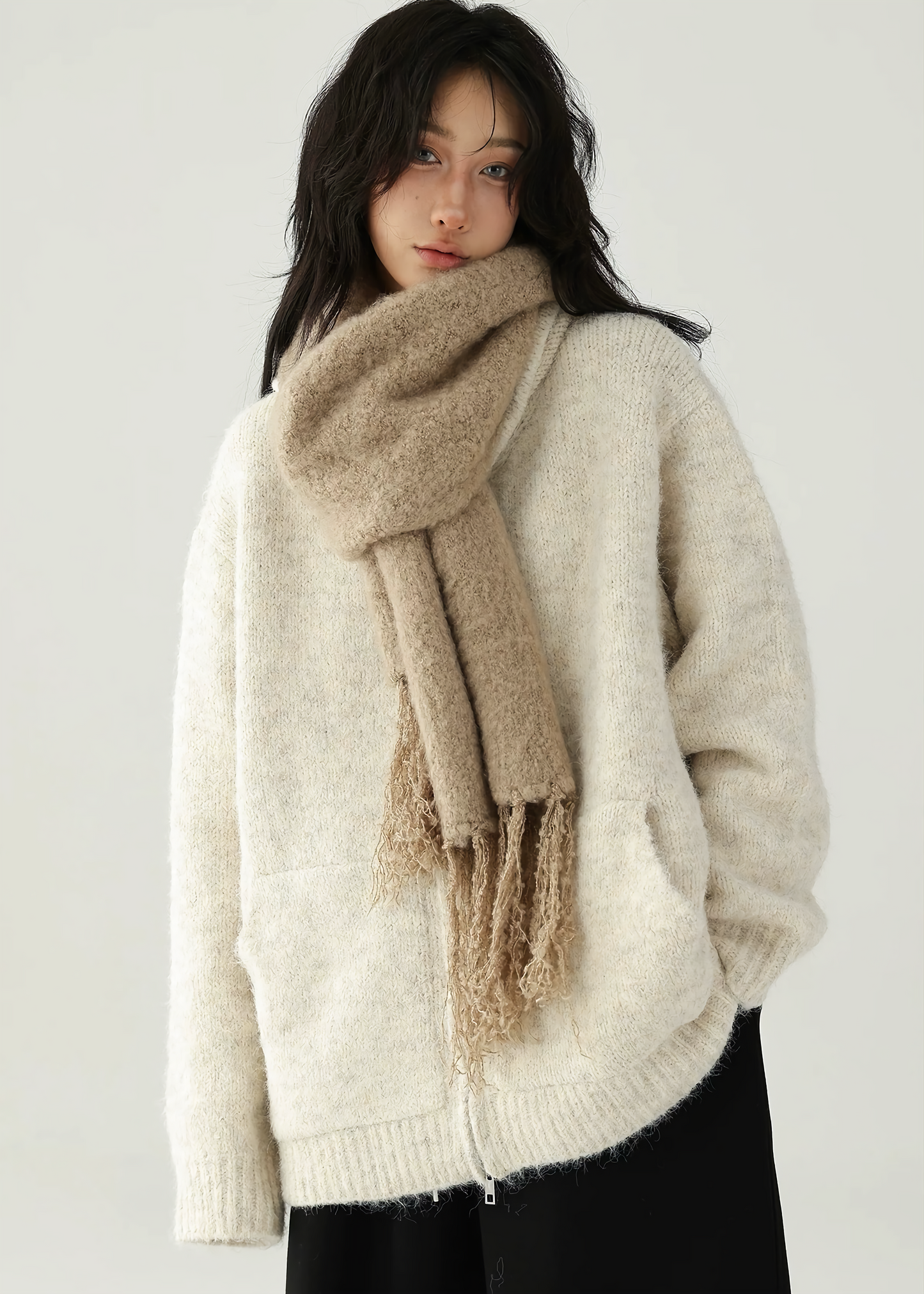 drawstring zipper knit sweater / AS1128