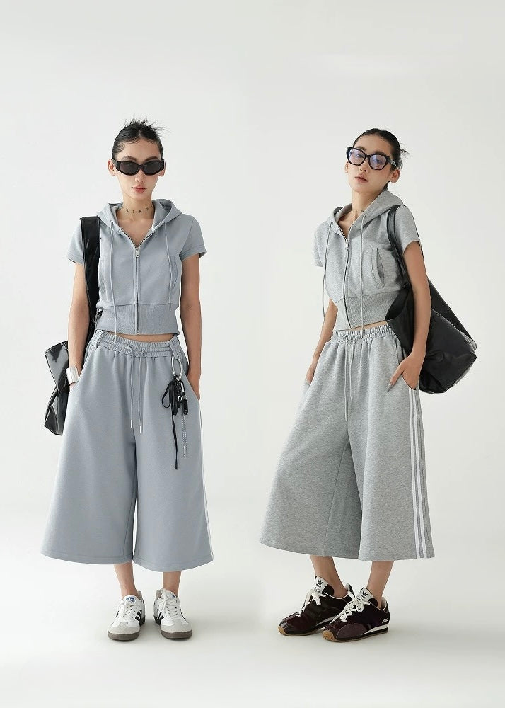 Hooded slim fit cropped top ＆ wide leg cropped pants / AS1295