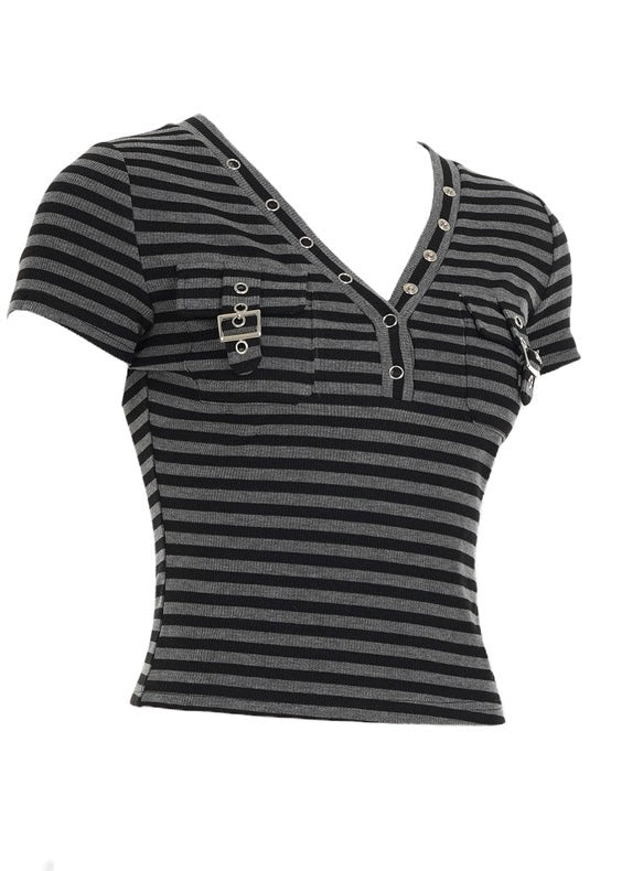 スリムフィットVネックストライプ半袖シャツ / VO1116