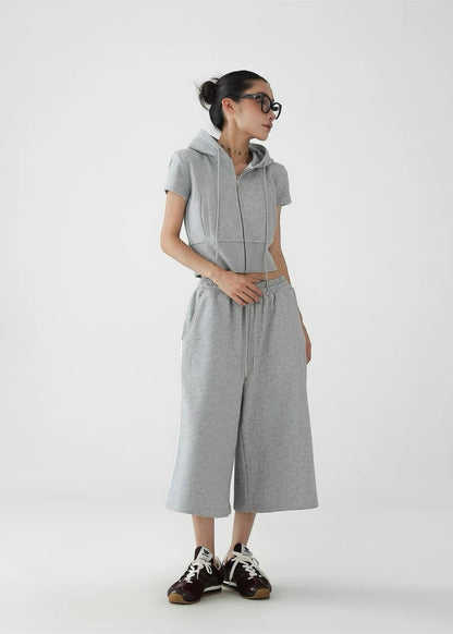 Hooded slim fit cropped top ＆ wide leg cropped pants / AS1295