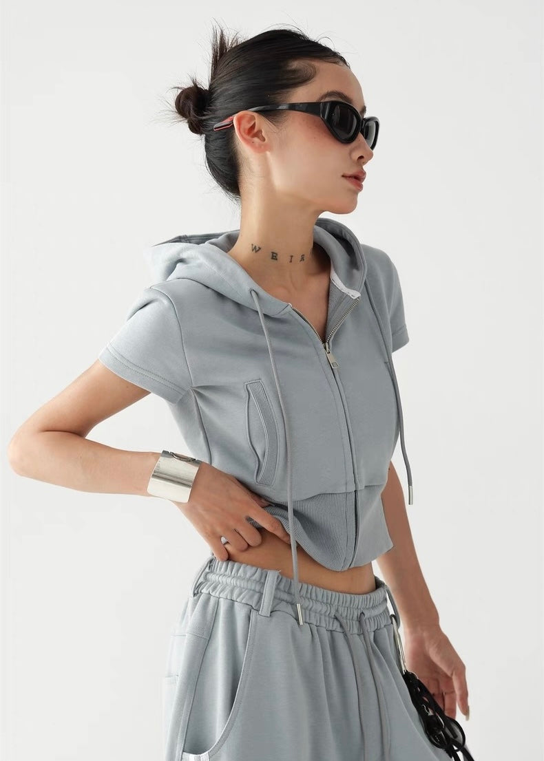 Hooded slim fit cropped top ＆ wide leg cropped pants / AS1295