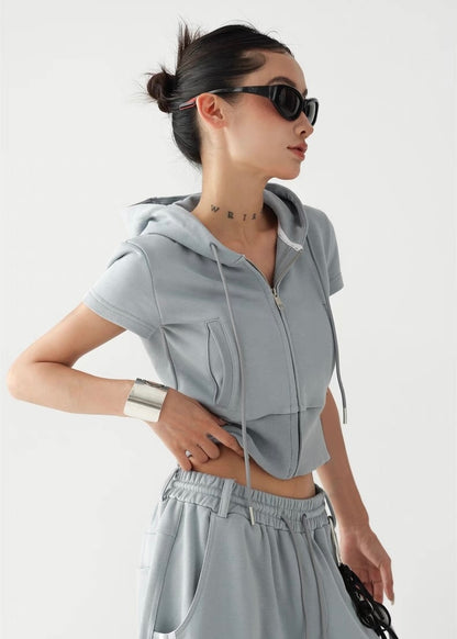 Hooded slim fit cropped top ＆ wide leg cropped pants / AS1295